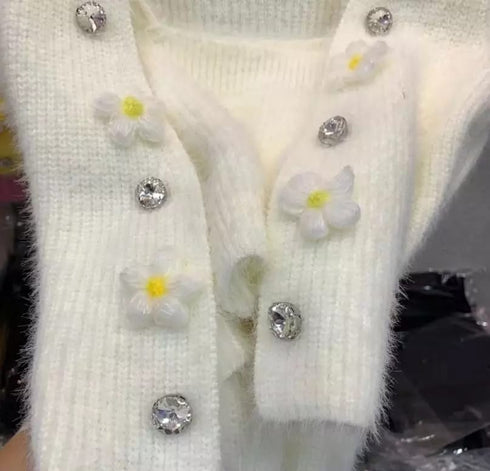 Beaded Flower Mink Fleece Two Piece Cardigan Sweater With Tank Top